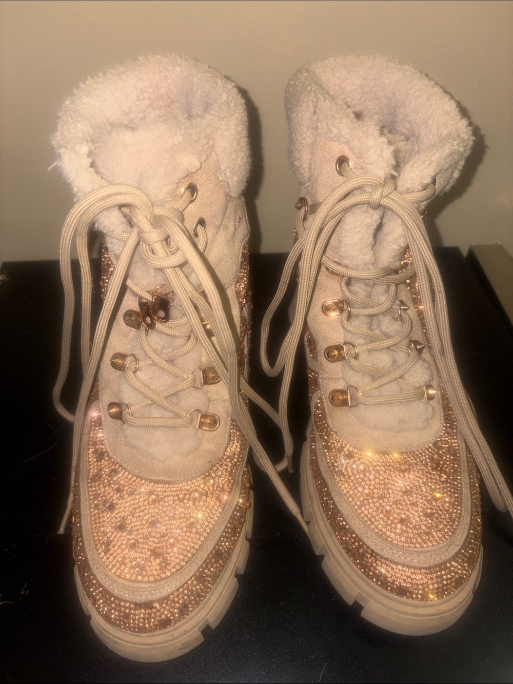 Steve Madden Cream Lace-Up Boots with Rose Gold Sparkle